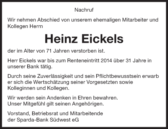 Todesanzeige von Heinz Eickels von saarbruecker_zeitung