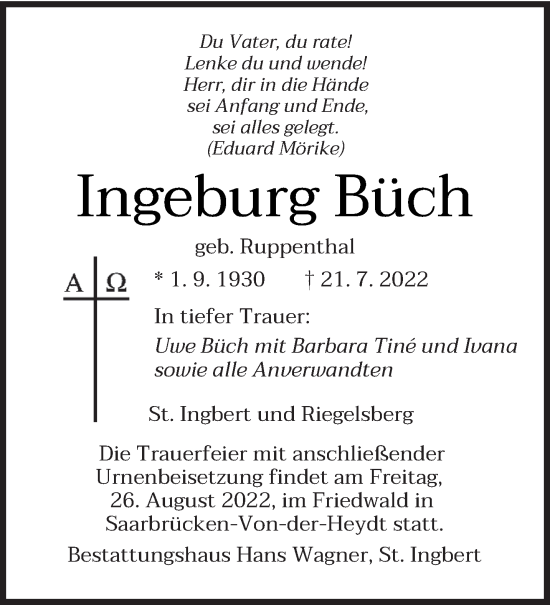 Todesanzeige von Ingeburg Büch von saarbruecker_zeitung