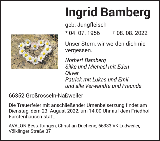 Todesanzeige von Ingrid Bamberg von saarbruecker_zeitung