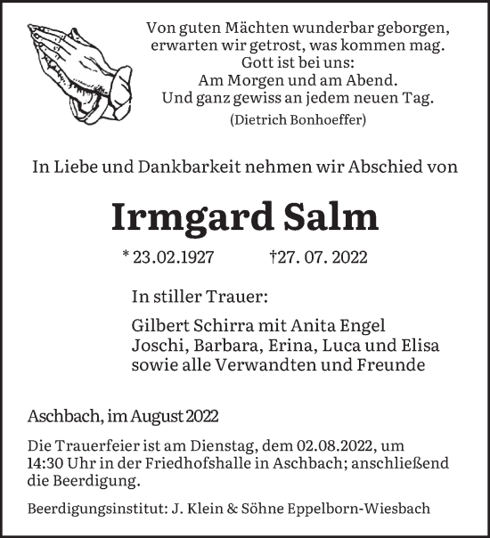 Todesanzeige von Irmgard Salm von saarbruecker_zeitung