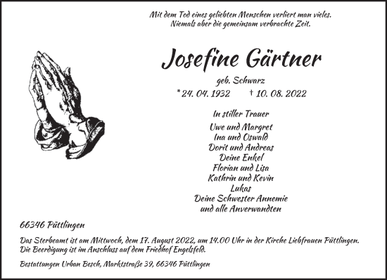 Todesanzeige von Josefine Gärtner von saarbruecker_zeitung
