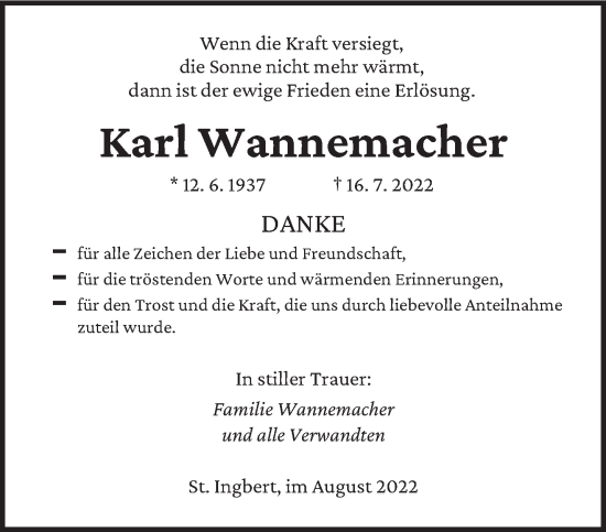 Todesanzeige von Karl Wannemacher von saarbruecker_zeitung