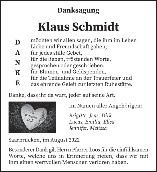 Todesanzeige von Klaus Schmidt von saarbruecker_zeitung