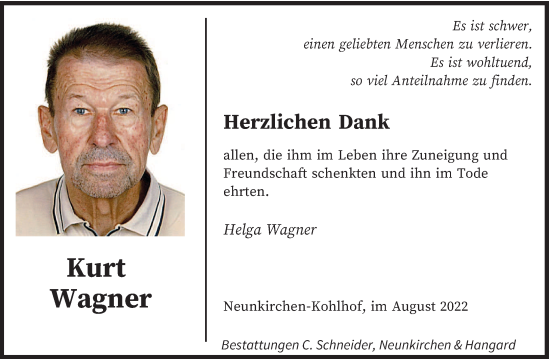 Todesanzeige von Kurt Wagner von saarbruecker_zeitung