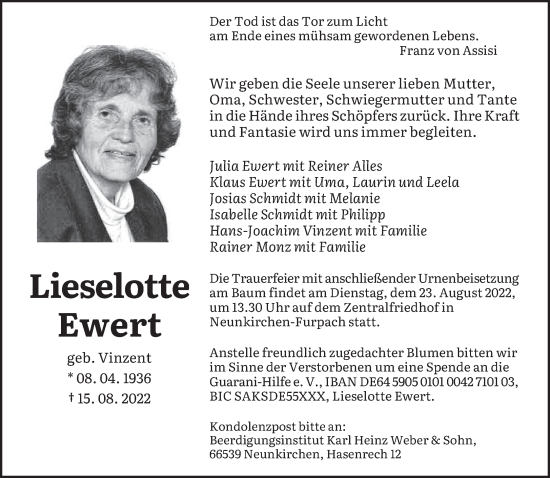 Todesanzeige von Lieselotte Ewert von saarbruecker_zeitung