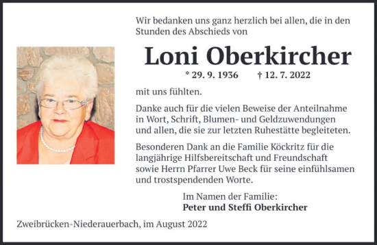 Todesanzeige von Loni Oberkircher von saarbruecker_zeitung