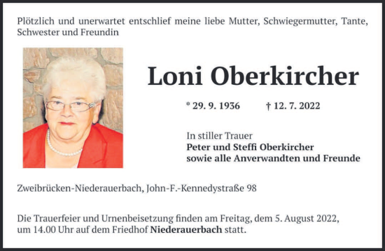 Todesanzeige von Loni Oberkircher von saarbruecker_zeitung