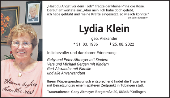 Todesanzeige von Lydia Klein von saarbruecker_zeitung