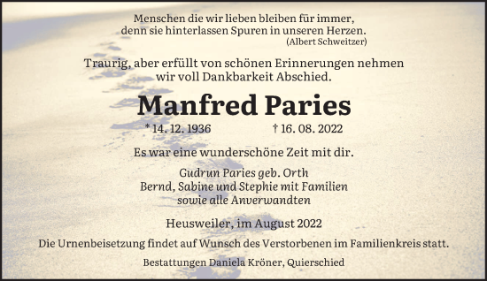 Todesanzeige von Manfred Paries von saarbruecker_zeitung