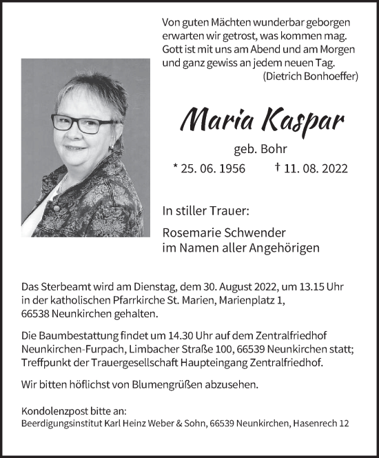 Todesanzeige von Maria Kaspar von saarbruecker_zeitung
