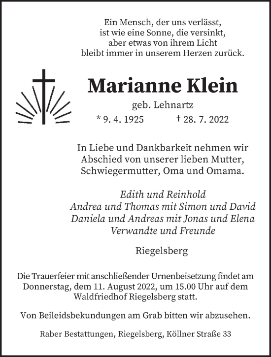 Todesanzeige von Marianne Klein von saarbruecker_zeitung