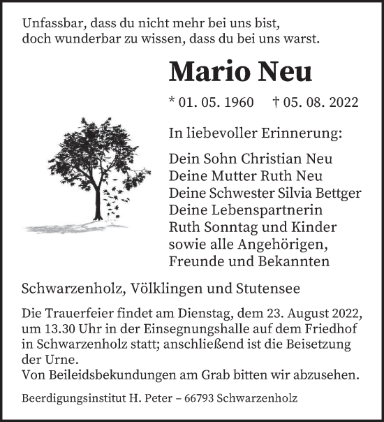 Todesanzeige von Mario Neu von saarbruecker_zeitung