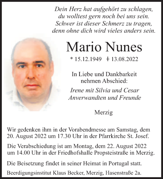 Todesanzeige von Mario Nunes von saarbruecker_zeitung