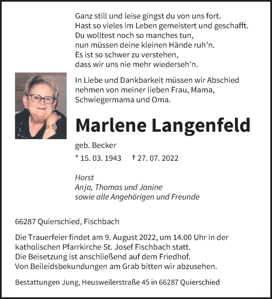 Todesanzeige von Marlene Langenfeld von saarbruecker_zeitung
