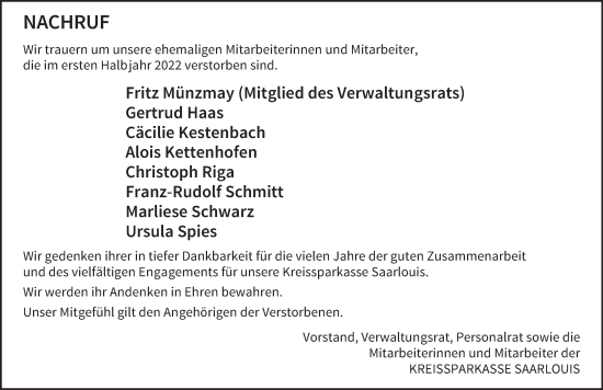 Todesanzeige von Nachruf Kreissparkasse Saarlouis von saarbruecker_zeitung