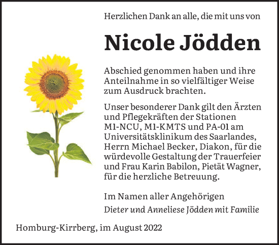 Todesanzeige von Nicole Jödden von saarbruecker_zeitung