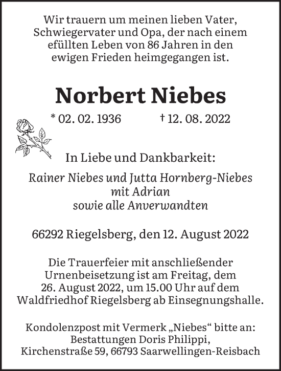 Todesanzeige von Norbert Niebes von saarbruecker_zeitung