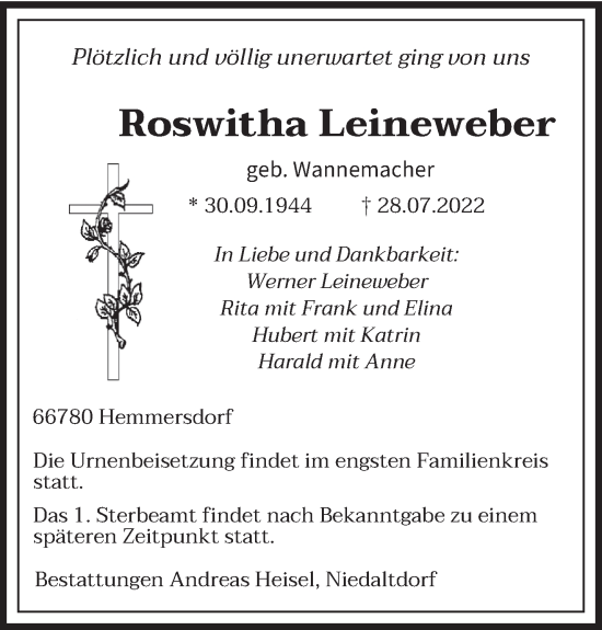 Todesanzeige von Roswitha Leineweber von saarbruecker_zeitung