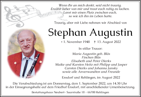 Todesanzeige von Stephan Augustin von saarbruecker_zeitung