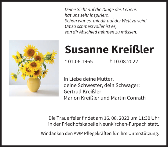 Todesanzeige von Susanne Kreißler von saarbruecker_zeitung