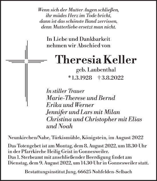 Todesanzeige von Theresia Keller von saarbruecker_zeitung