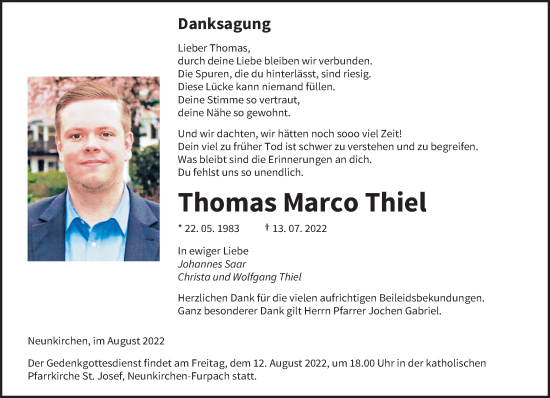 Todesanzeige von Thomas Marco Thiel von saarbruecker_zeitung