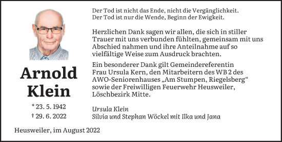 Todesanzeige von Ursula Klein von saarbruecker_zeitung