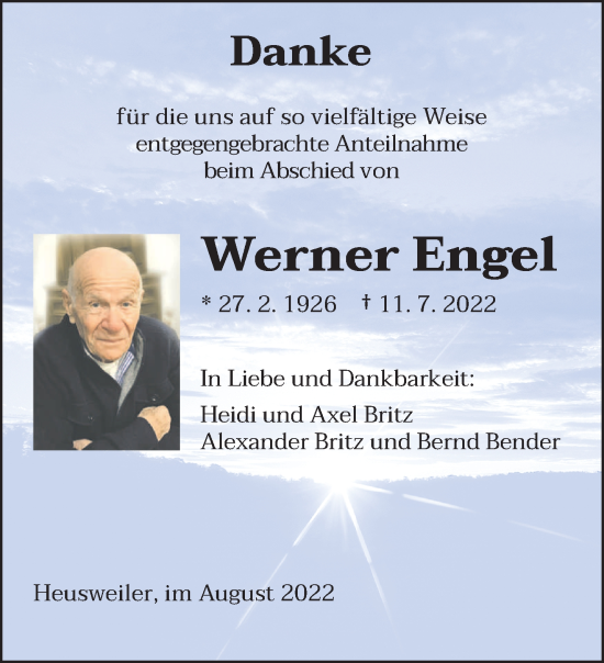 Todesanzeige von Werner Engel von saarbruecker_zeitung