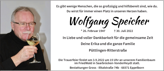 Todesanzeige von Wolfgang Speicher von saarbruecker_zeitung