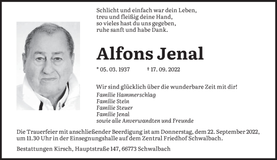 Todesanzeige von Alfons Jenal von saarbruecker_zeitung
