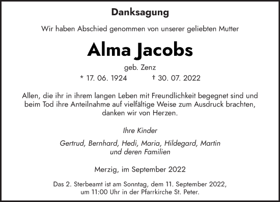 Todesanzeige von Alma Jacobs von saarbruecker_zeitung