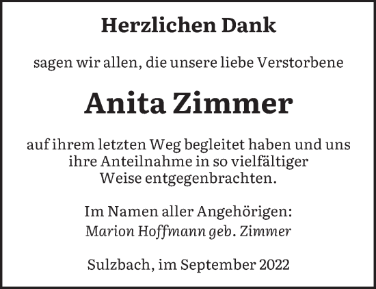 Todesanzeige von Anita Zimmer von saarbruecker_zeitung