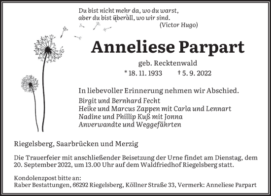 Todesanzeige von Anneliese Parpart von saarbruecker_zeitung