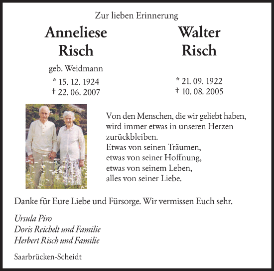Todesanzeige von Anneliese und Walter Risch von saarbruecker_zeitung