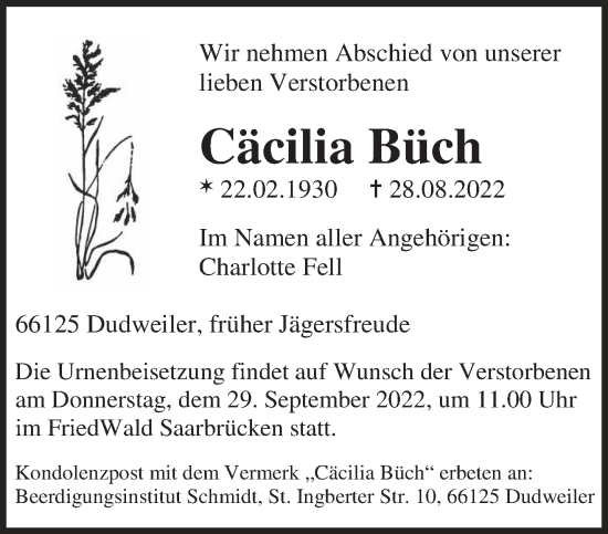 Todesanzeige von Cäcilia Büch von saarbruecker_zeitung