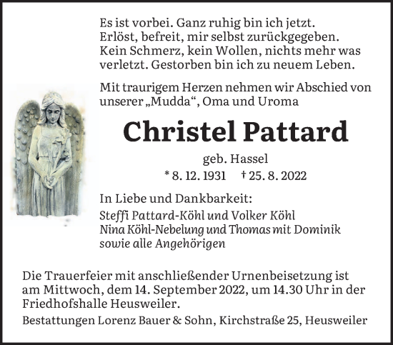 Todesanzeige von Christel Pattard von saarbruecker_zeitung