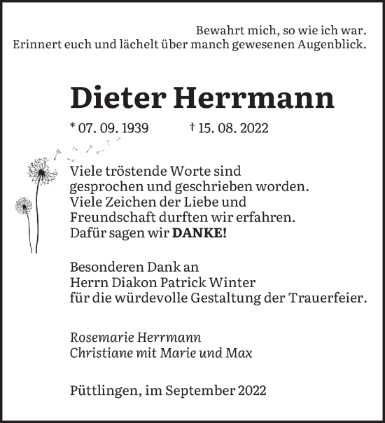 Todesanzeige von Dieter Herrmann von saarbruecker_zeitung