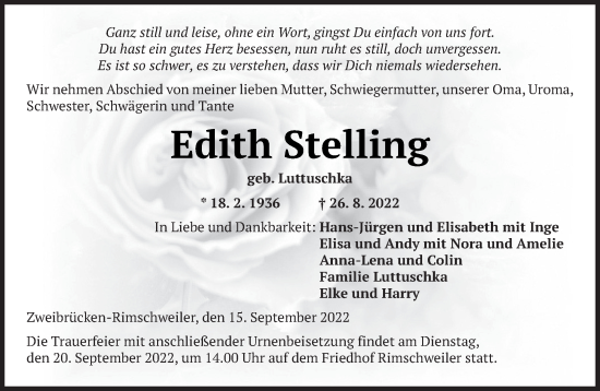 Todesanzeige von Edith Stelling von saarbruecker_zeitung