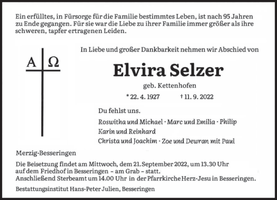 Todesanzeige von Elvira Selzer von saarbruecker_zeitung