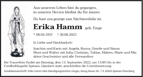 Todesanzeige von Erika Hamm von saarbruecker_zeitung