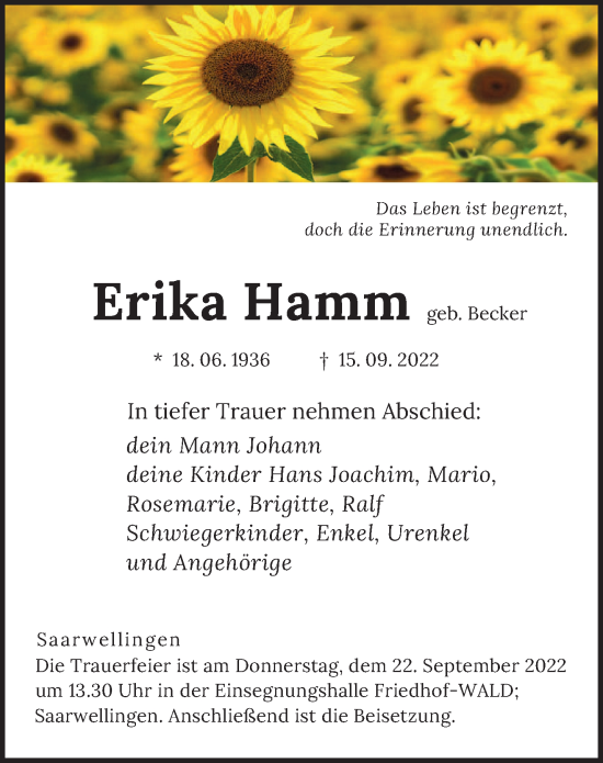 Todesanzeige von Erika Hamm von saarbruecker_zeitung