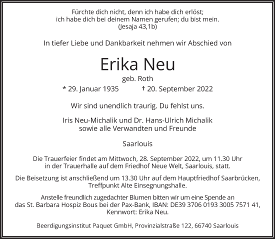 Todesanzeige von Erika Neu von saarbruecker_zeitung