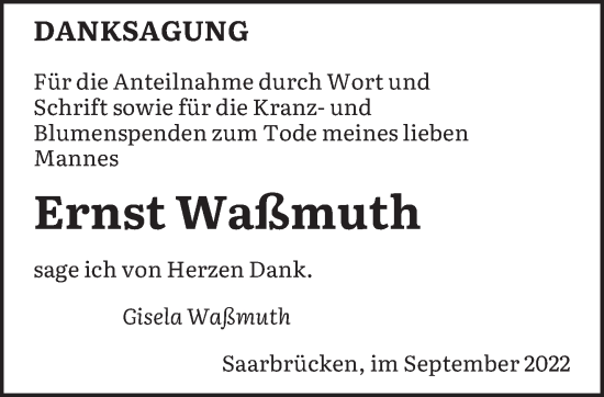 Todesanzeige von Ernst Waßmuth von saarbruecker_zeitung