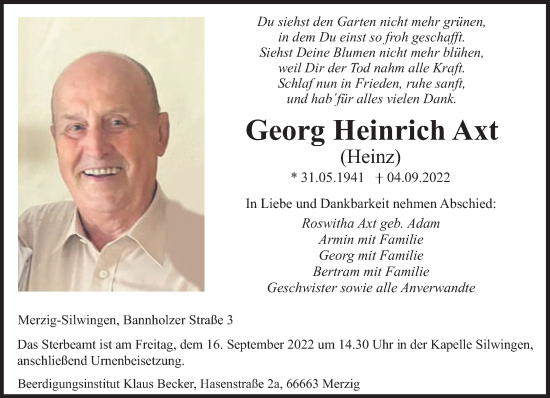 Todesanzeige von Georg Heinrich Axt von saarbruecker_zeitung