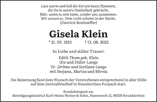 Todesanzeige von Gisela Klein von saarbruecker_zeitung