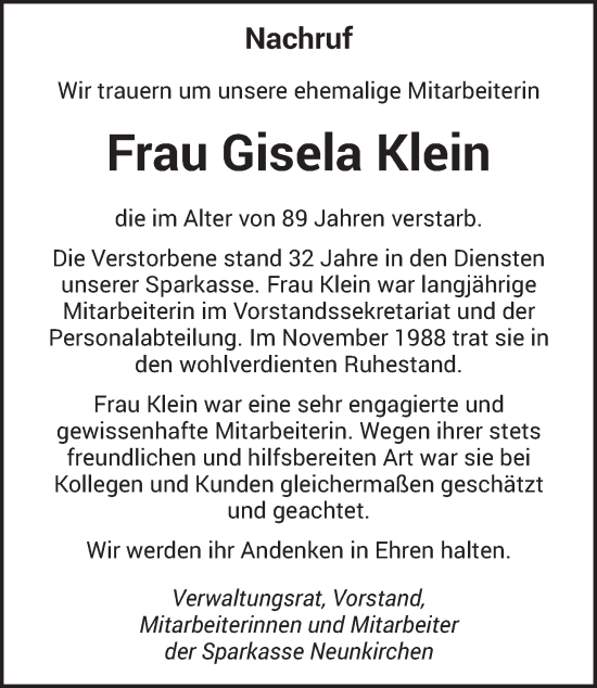 Todesanzeige von Gisela Klein von saarbruecker_zeitung