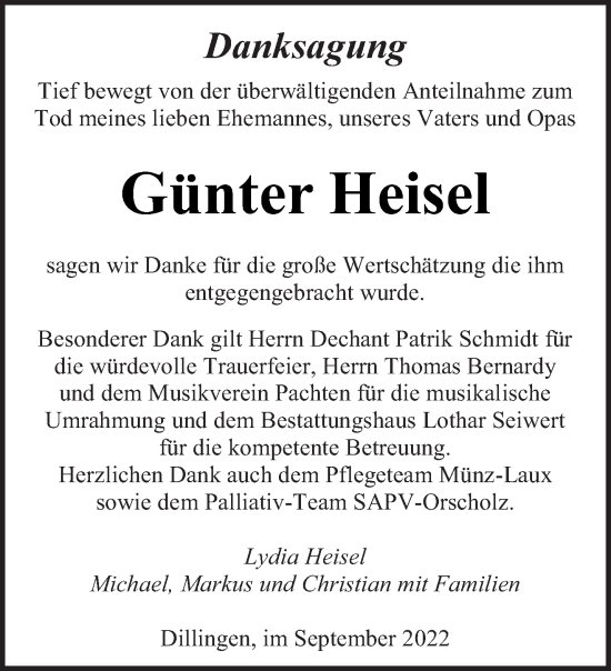 Todesanzeige von Günter Heisel von saarbruecker_zeitung