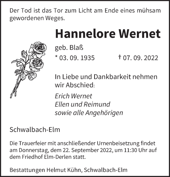 Todesanzeige von Hannelore Wernet von saarbruecker_zeitung
