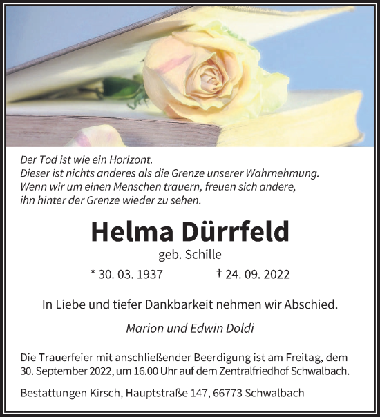 Todesanzeige von Helma Dürrfeld von saarbruecker_zeitung
