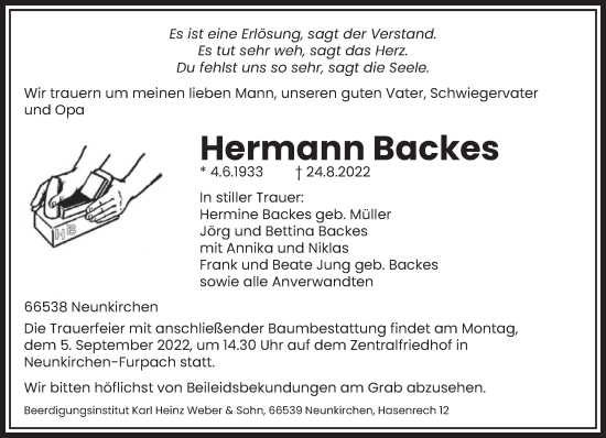 Todesanzeige von Hermann Backes von saarbruecker_zeitung